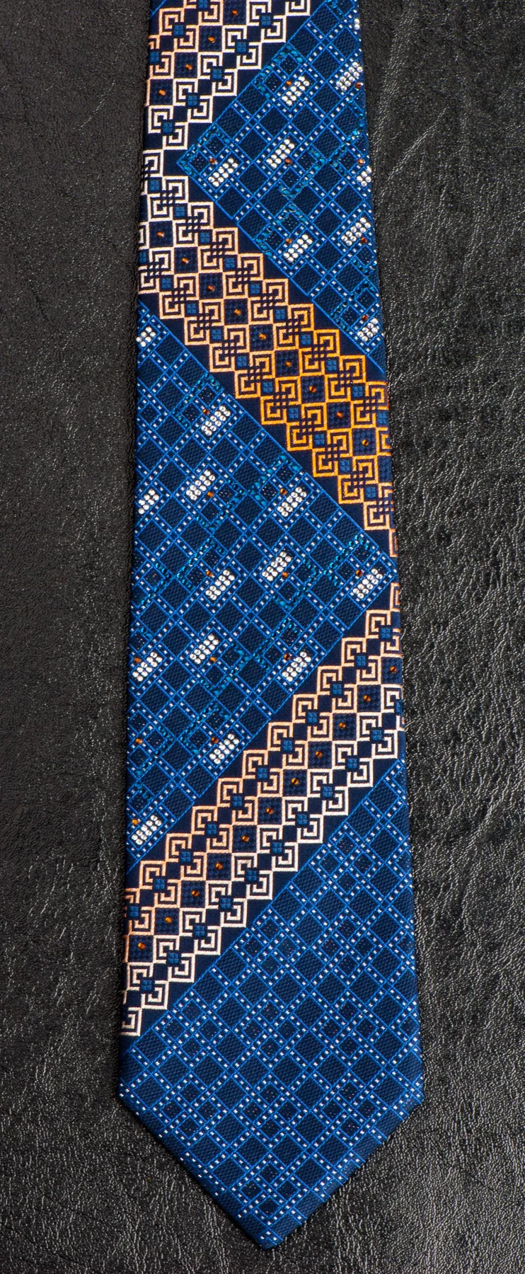 Renoma Silk NeckTie Blue Orange Geometric Design With Rhinestones 3 1/2 Inch