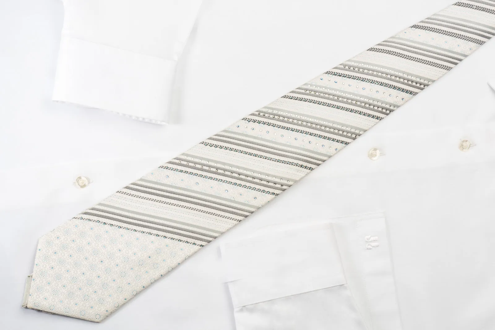 Renoma White Silk Rhinestone Tie Silver Stripes On White With Silver Sparkles