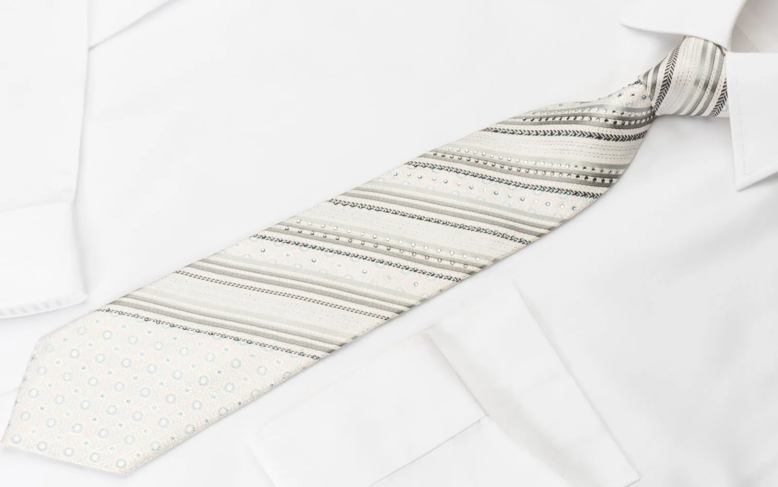Renoma White Silk Rhinestone Tie Silver Stripes On White With Silver Sparkles