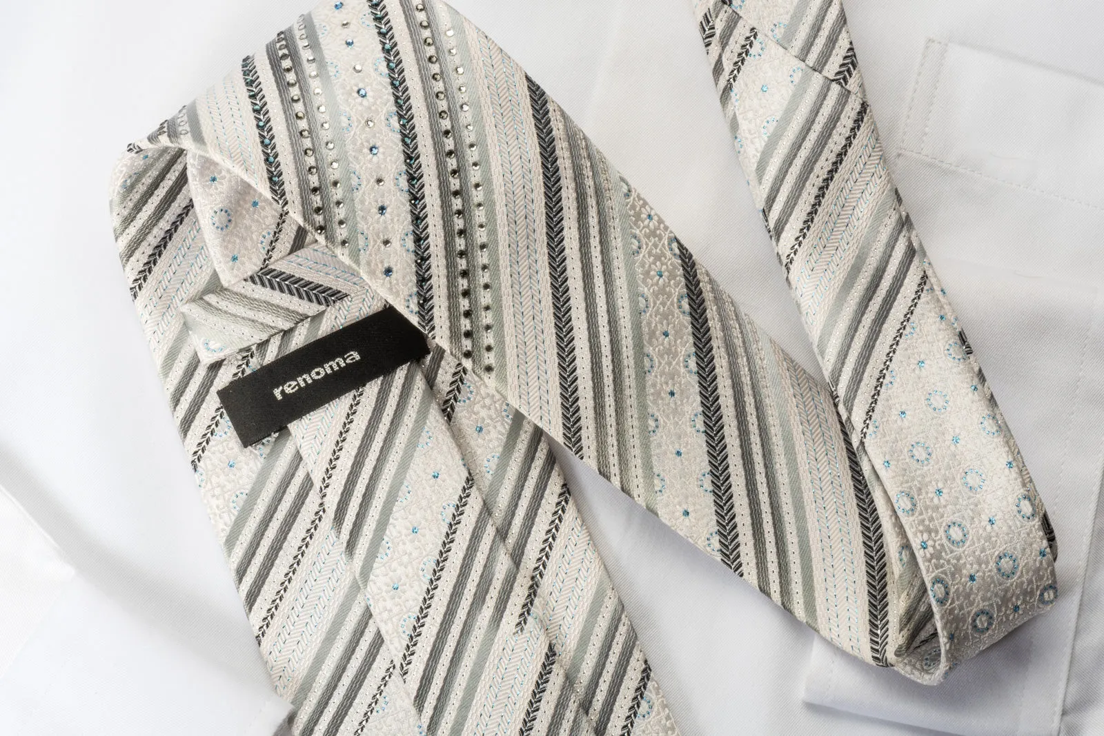 Renoma White Silk Rhinestone Tie Silver Stripes On White With Silver Sparkles