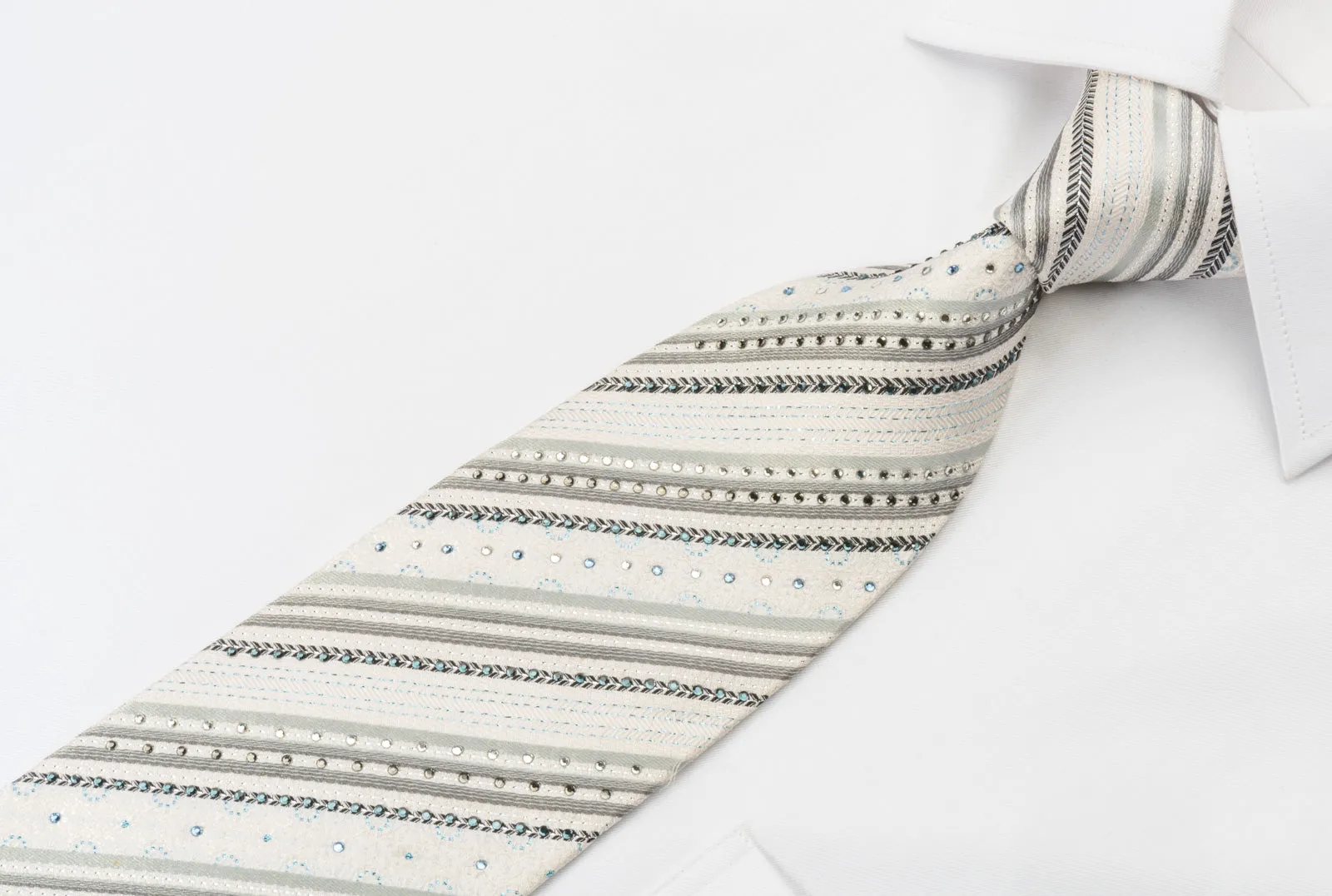 Renoma White Silk Rhinestone Tie Silver Stripes On White With Silver Sparkles