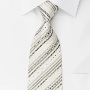 Renoma White Silk Rhinestone Tie Silver Stripes On White With Silver Sparkles