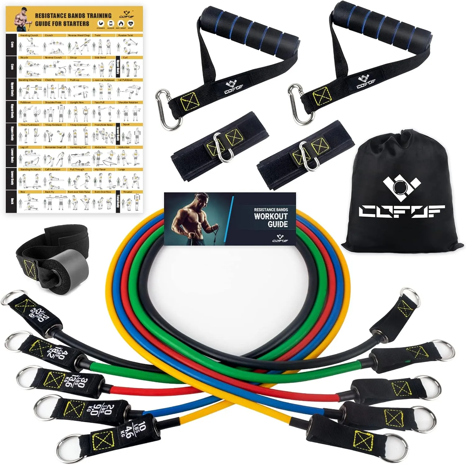 Resistance Bands Set with Yellow Handles, Exercise/Workout/Fitness Bands with Door Anchor, Legs Ankle Straps for Resistance TrainingPhysical TherapyHome Gym Workout