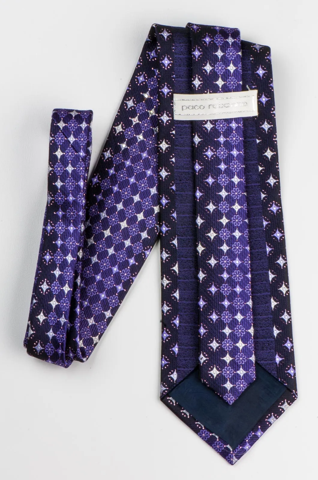 Rhinestone Silk Necktie By Paco Rabanne Silver Geometric Design On Purple