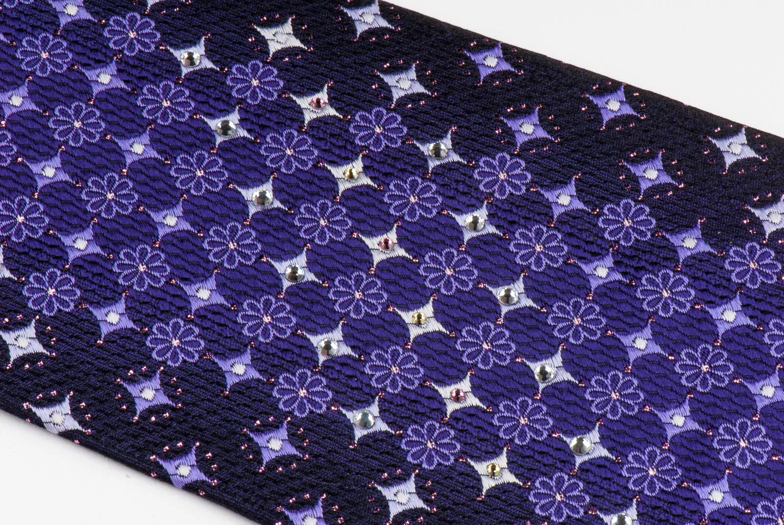 Rhinestone Silk Necktie By Paco Rabanne Silver Geometric Design On Purple
