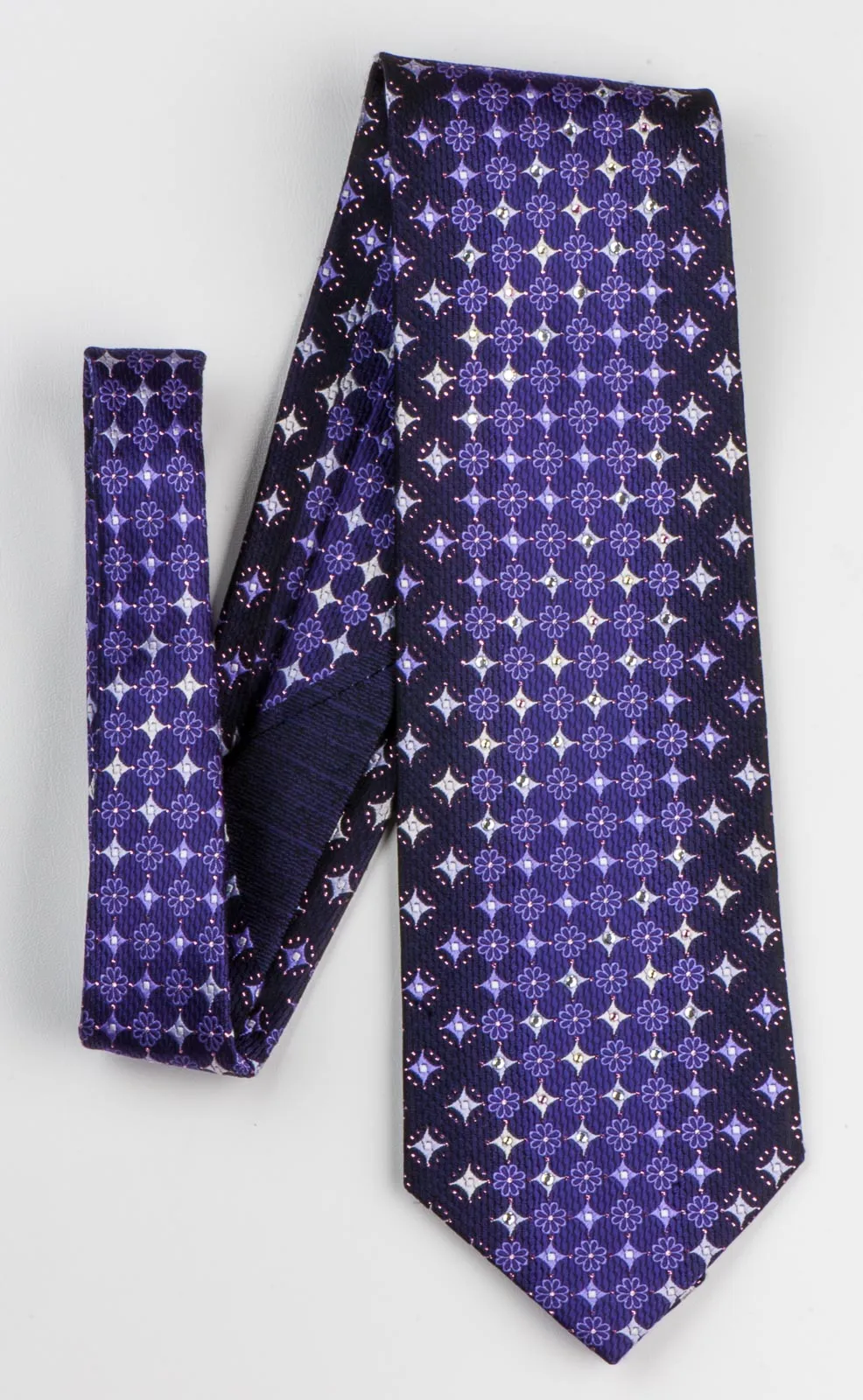 Rhinestone Silk Necktie By Paco Rabanne Silver Geometric Design On Purple