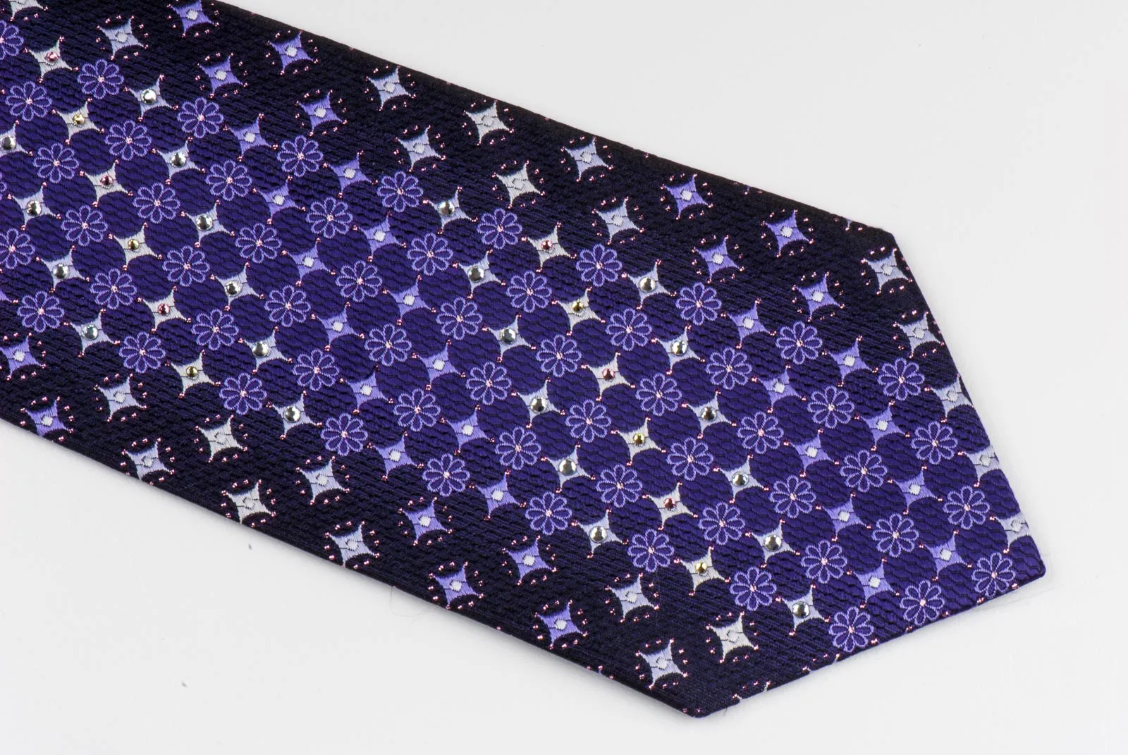 Rhinestone Silk Necktie By Paco Rabanne Silver Geometric Design On Purple
