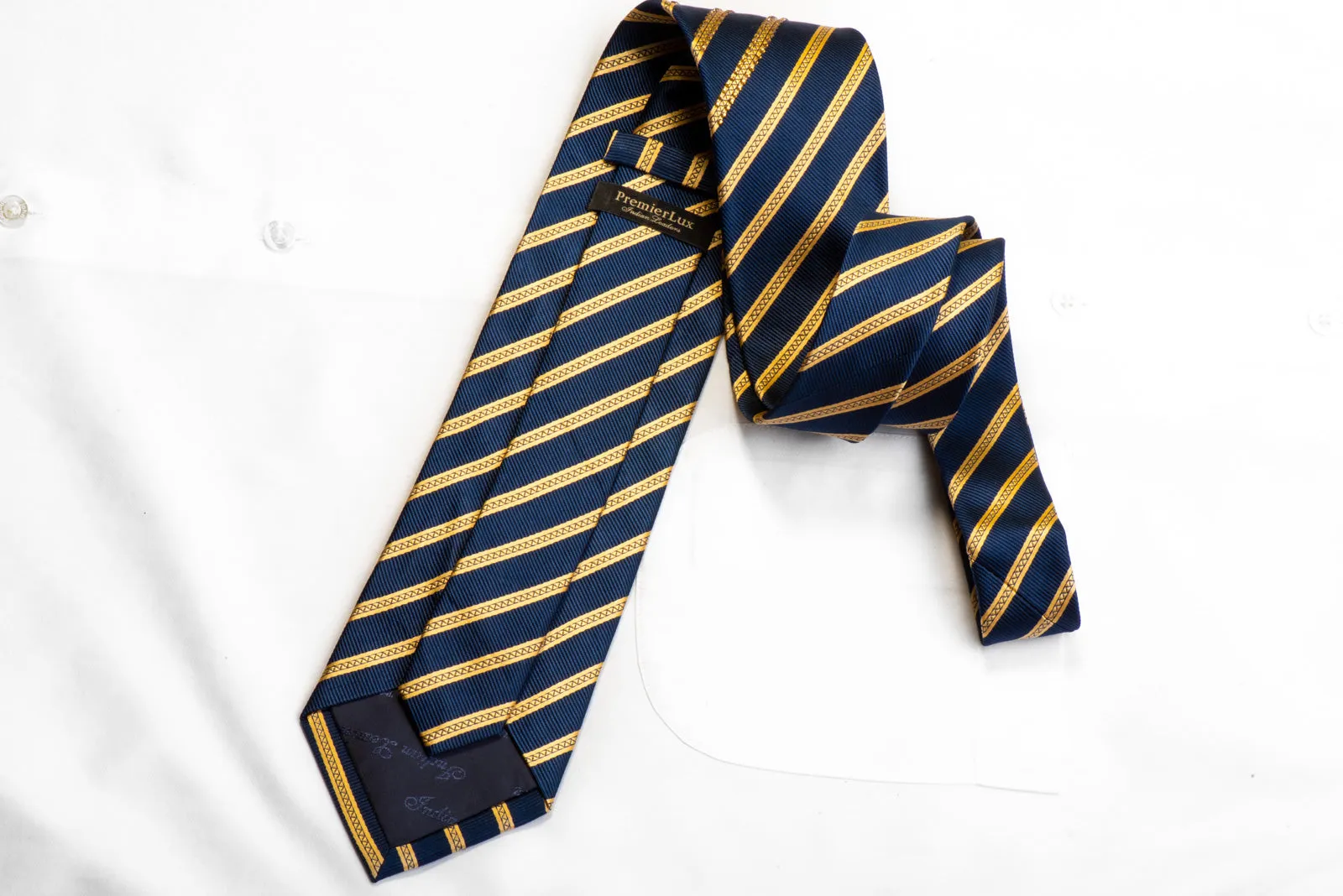 Rhinestone Silk Necktie Gold Striped On Navy Blue
