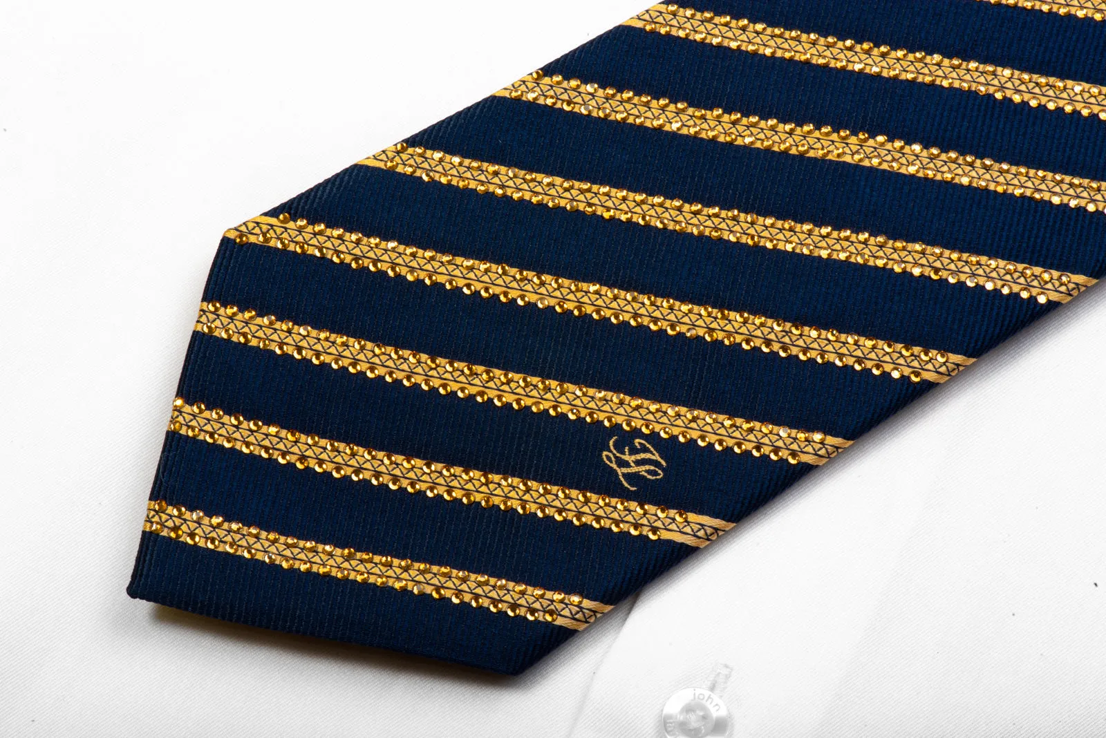 Rhinestone Silk Necktie Gold Striped On Navy Blue