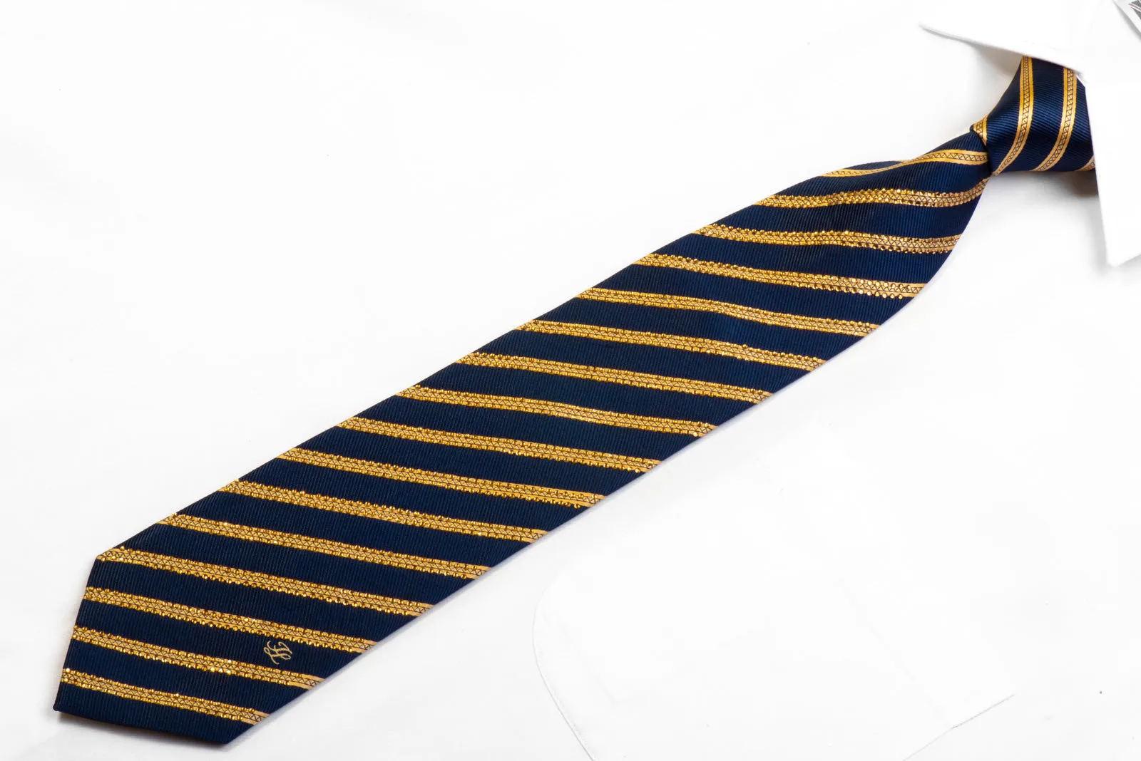 Rhinestone Silk Necktie Gold Striped On Navy Blue