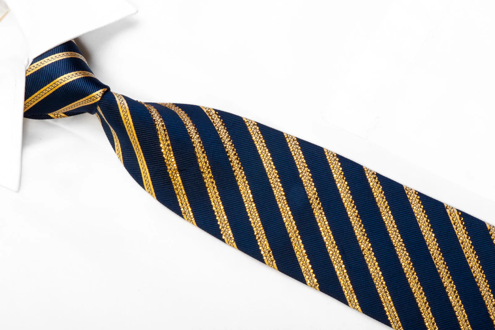 Rhinestone Silk Necktie Gold Striped On Navy Blue