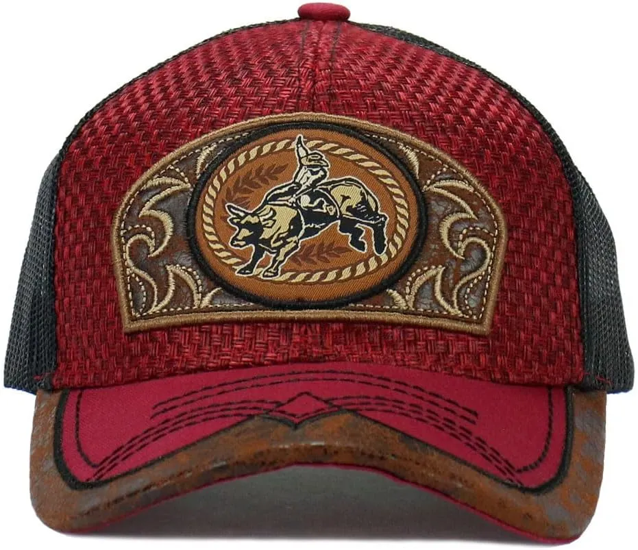 Rodeo Cowboy Straw Cap Hat Bull Rider/Horse Embroidered Mesh Trucker Western Style Snapback Baseball Cap