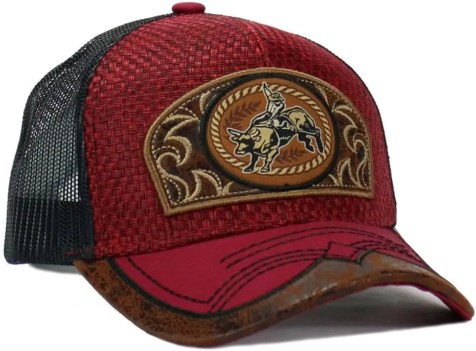 Rodeo Cowboy Straw Cap Hat Bull Rider/Horse Embroidered Mesh Trucker Western Style Snapback Baseball Cap