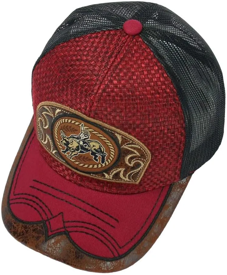 Rodeo Cowboy Straw Cap Hat Bull Rider/Horse Embroidered Mesh Trucker Western Style Snapback Baseball Cap