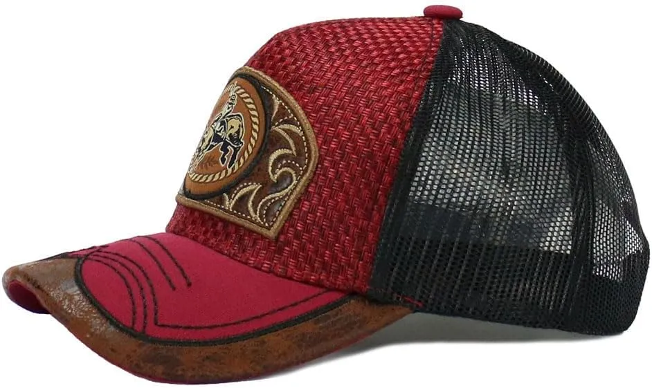 Rodeo Cowboy Straw Cap Hat Bull Rider/Horse Embroidered Mesh Trucker Western Style Snapback Baseball Cap