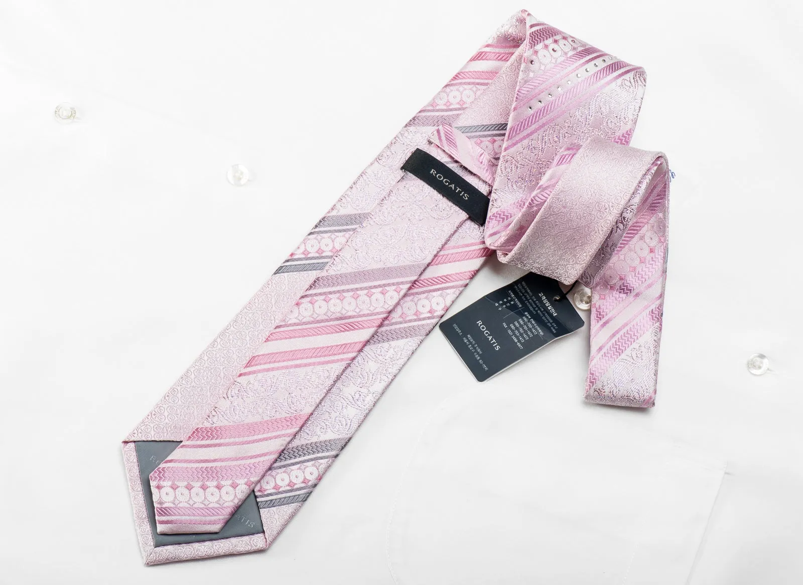 Rogatis Men's Crystal Rhinestone Necktie Striped On Pink Silk With Sparkles