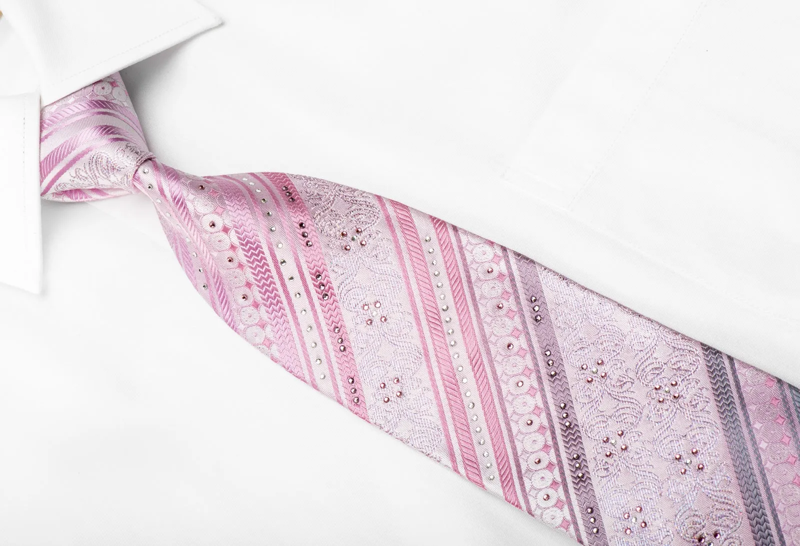 Rogatis Men's Crystal Rhinestone Necktie Striped On Pink Silk With Sparkles