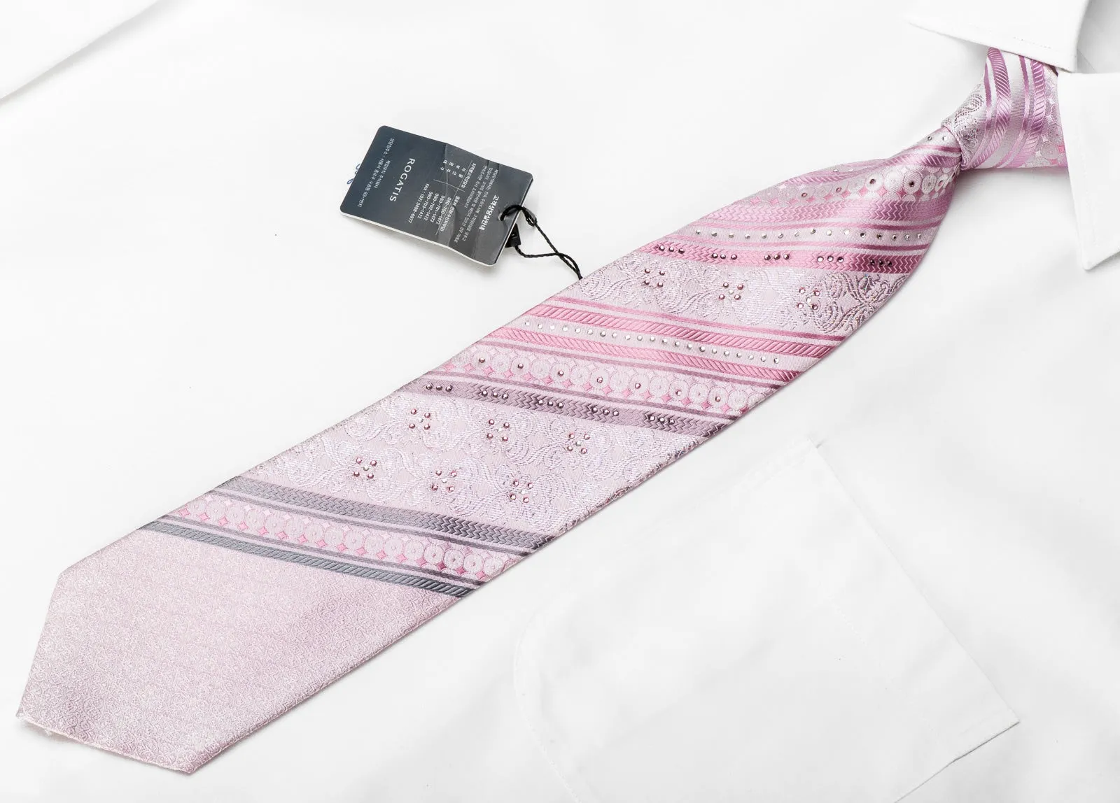 Rogatis Men's Crystal Rhinestone Necktie Striped On Pink Silk With Sparkles