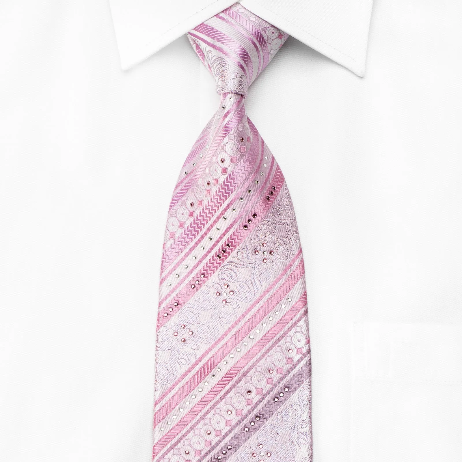 Rogatis Men's Crystal Rhinestone Necktie Striped On Pink Silk With Sparkles