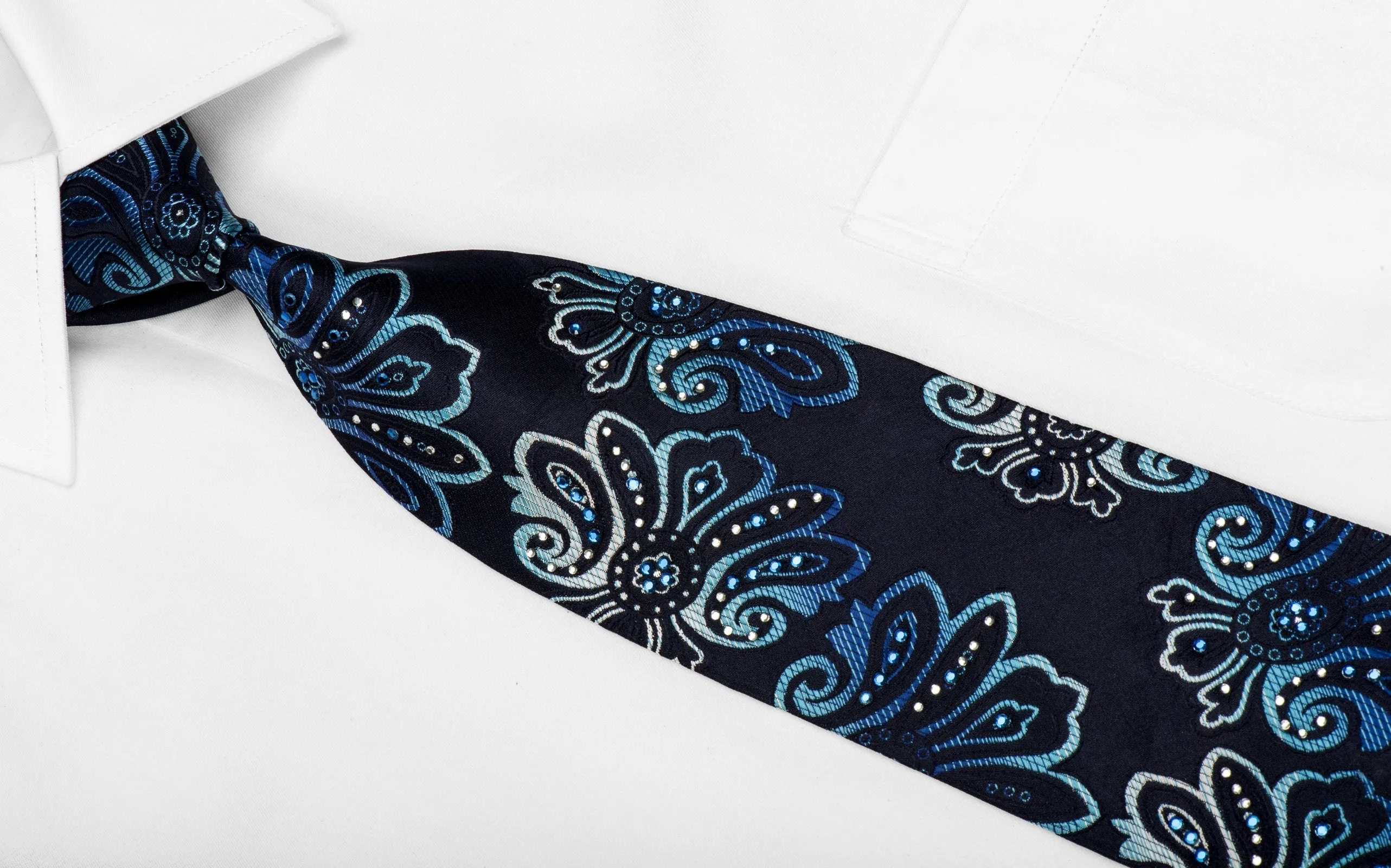 Rogers Dail Men's Silk Tie Anthemion On Dark Blue Sparkling With Crystal Rhinestones
