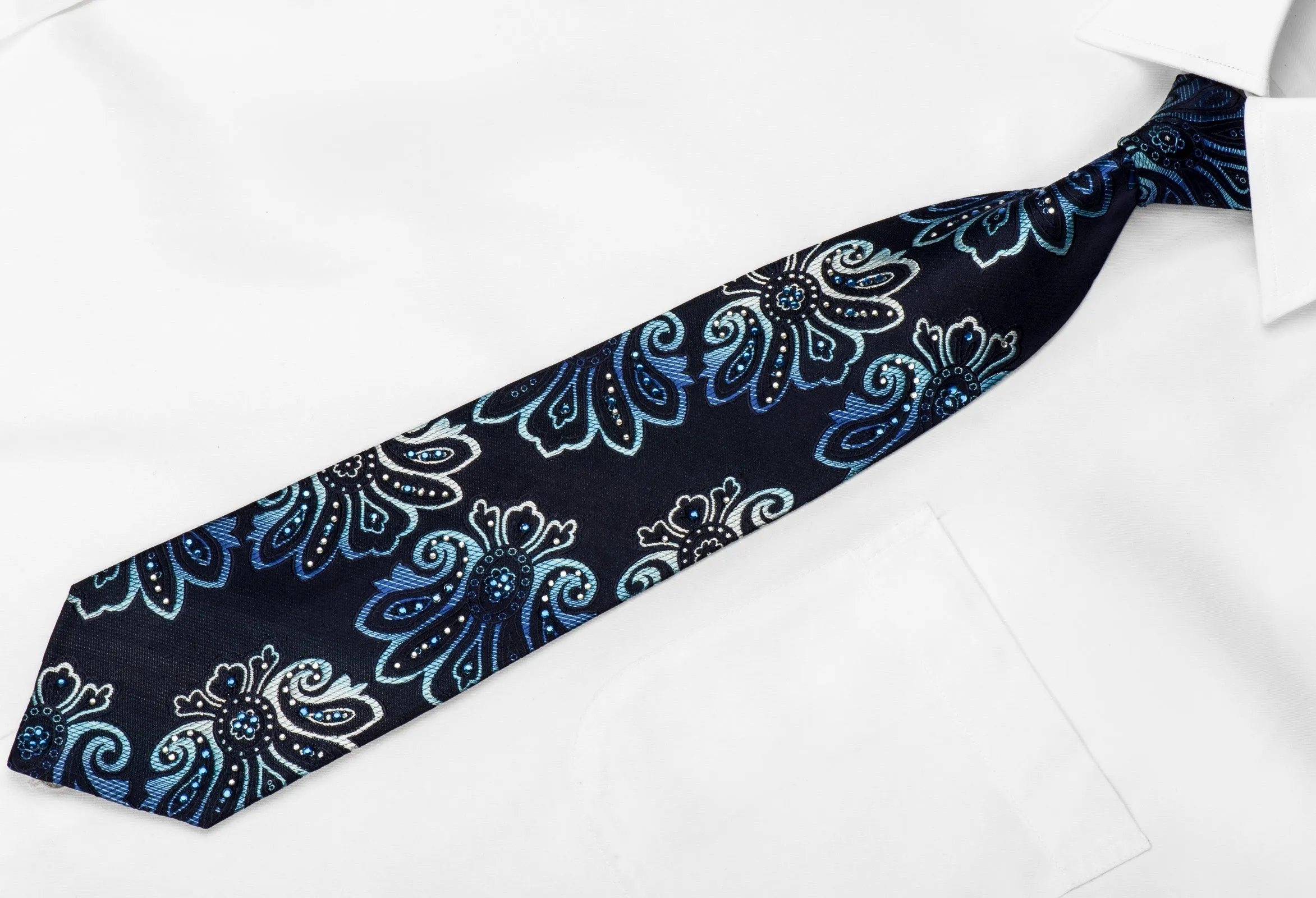 Rogers Dail Men's Silk Tie Anthemion On Dark Blue Sparkling With Crystal Rhinestones