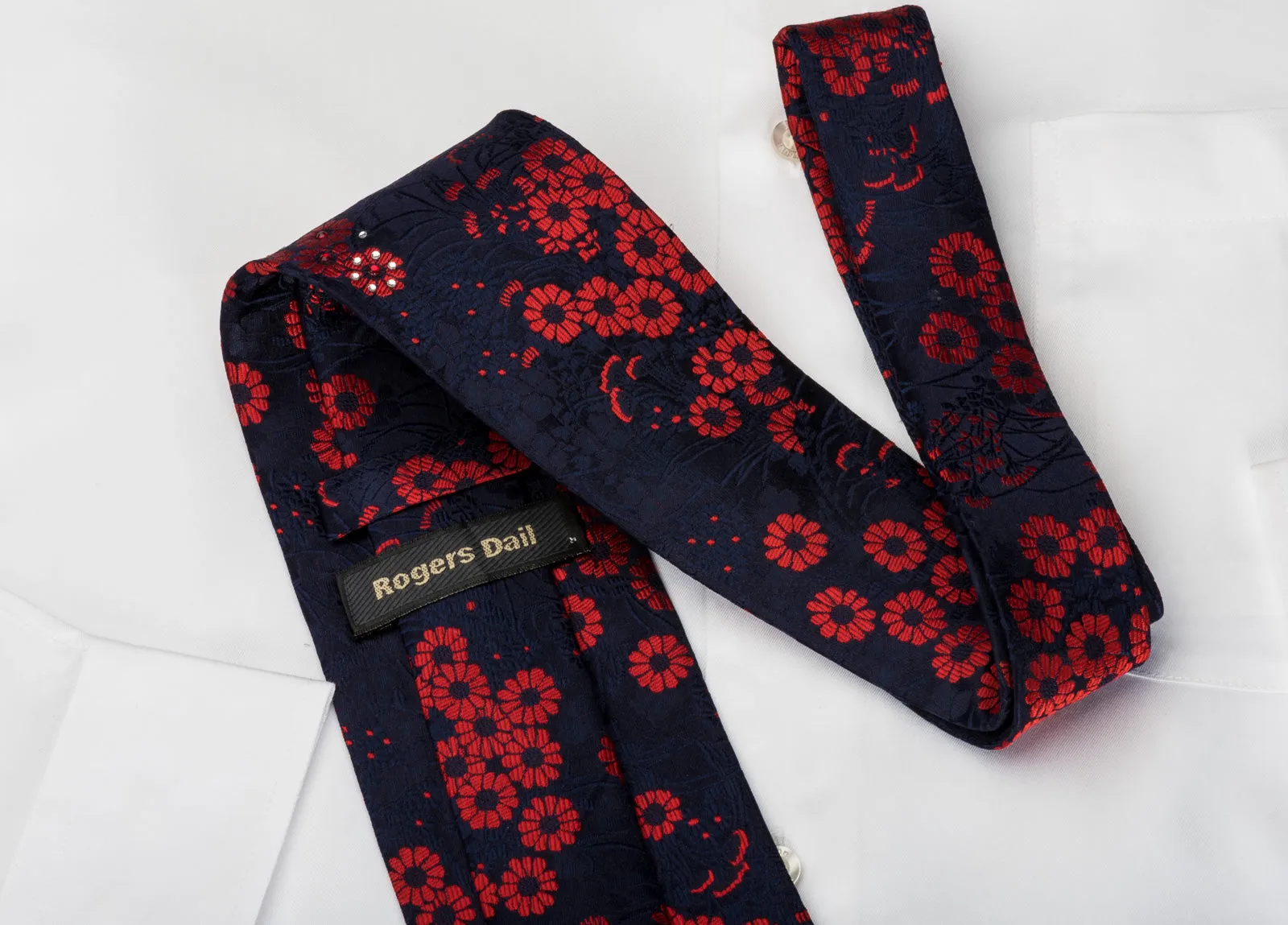 Rogers Dail Silk Necktie Red Floral On Blue Sparkling With Rhinestones