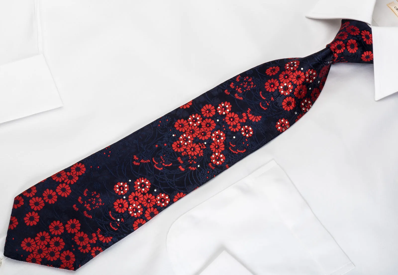 Rogers Dail Silk Necktie Red Floral On Blue Sparkling With Rhinestones