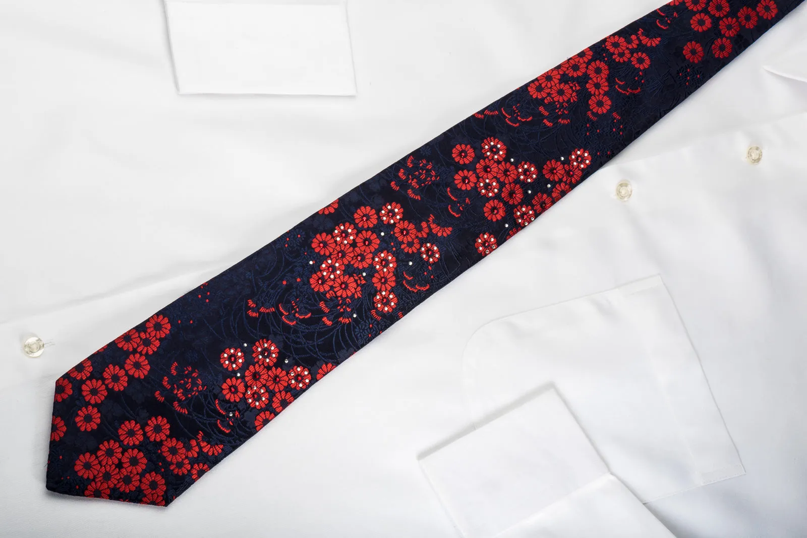 Rogers Dail Silk Necktie Red Floral On Blue Sparkling With Rhinestones