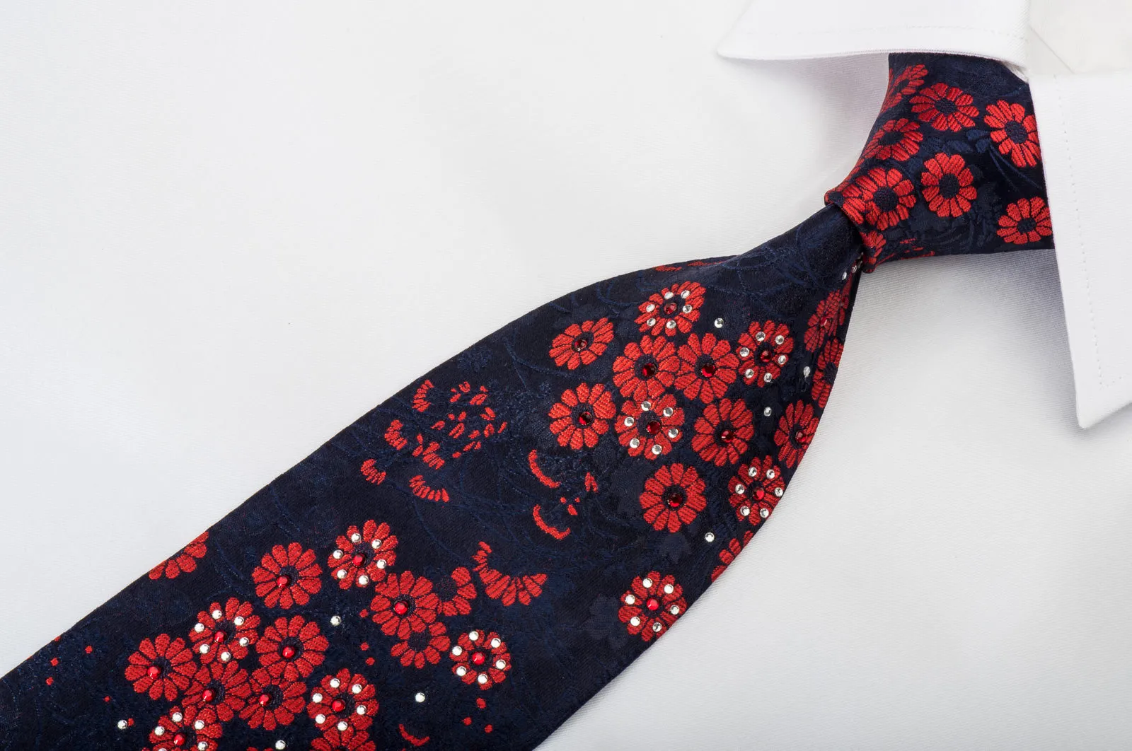 Rogers Dail Silk Necktie Red Floral On Blue Sparkling With Rhinestones