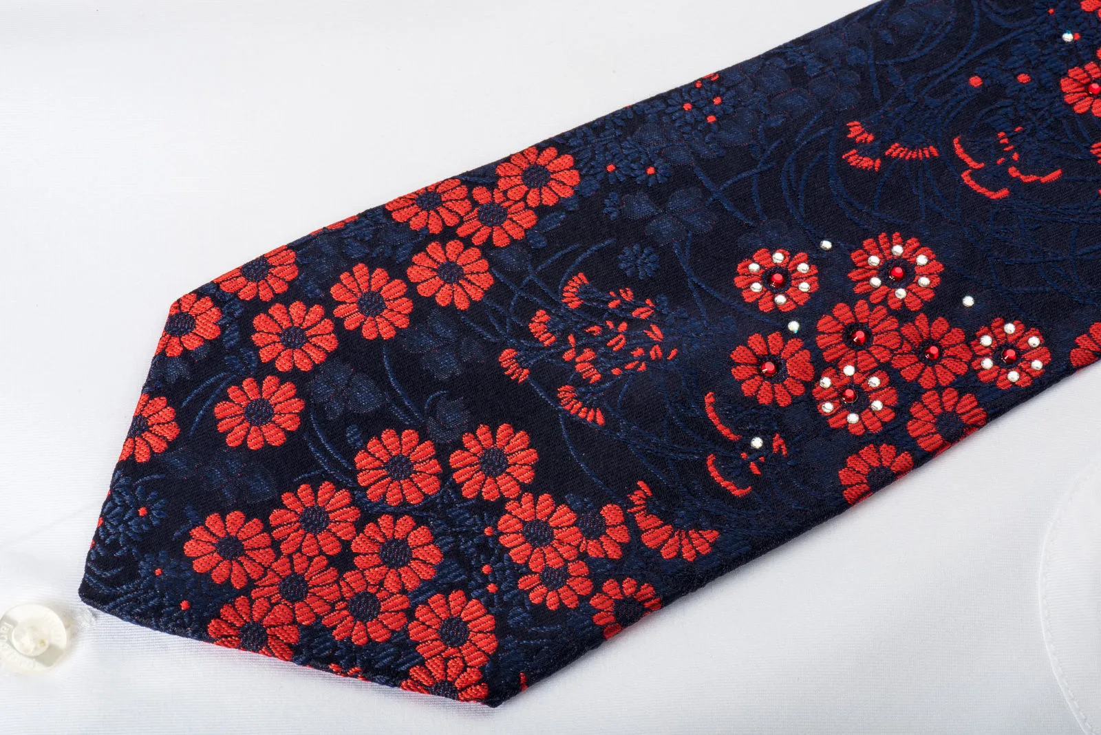 Rogers Dail Silk Necktie Red Floral On Blue Sparkling With Rhinestones