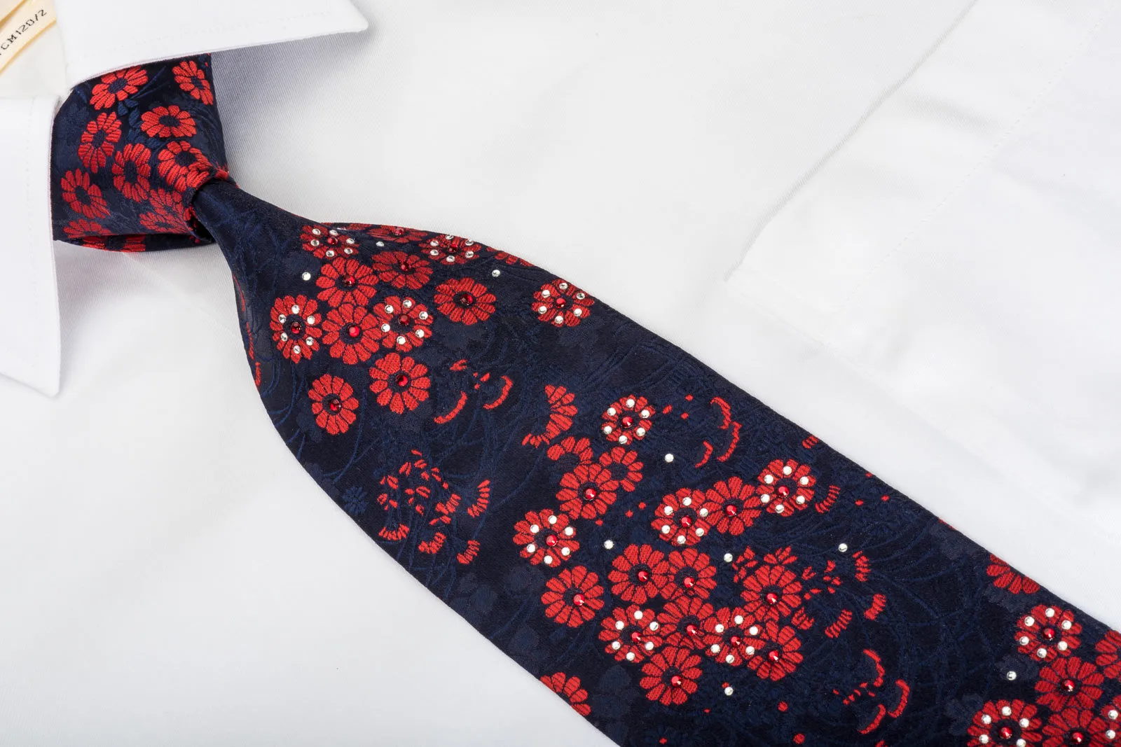 Rogers Dail Silk Necktie Red Floral On Blue Sparkling With Rhinestones