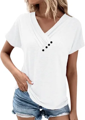 Short Sleeve Tops for Women Summer Dressy Pleated V Neck Buttons Decor Shirts Spring Casual Solid Color Tunic Tops