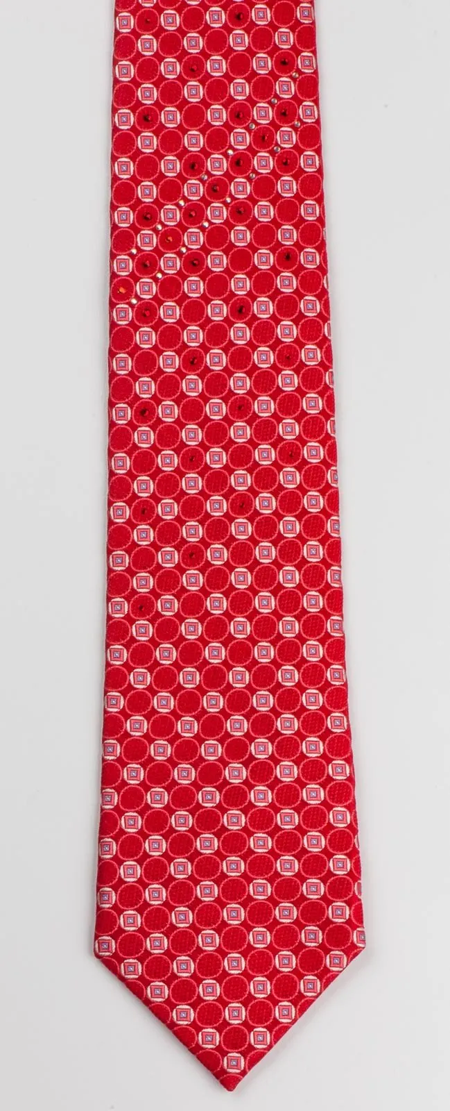 Silk Tie Geometric Dots On Red  With Rhinestones Classic 3 1/2 Inch