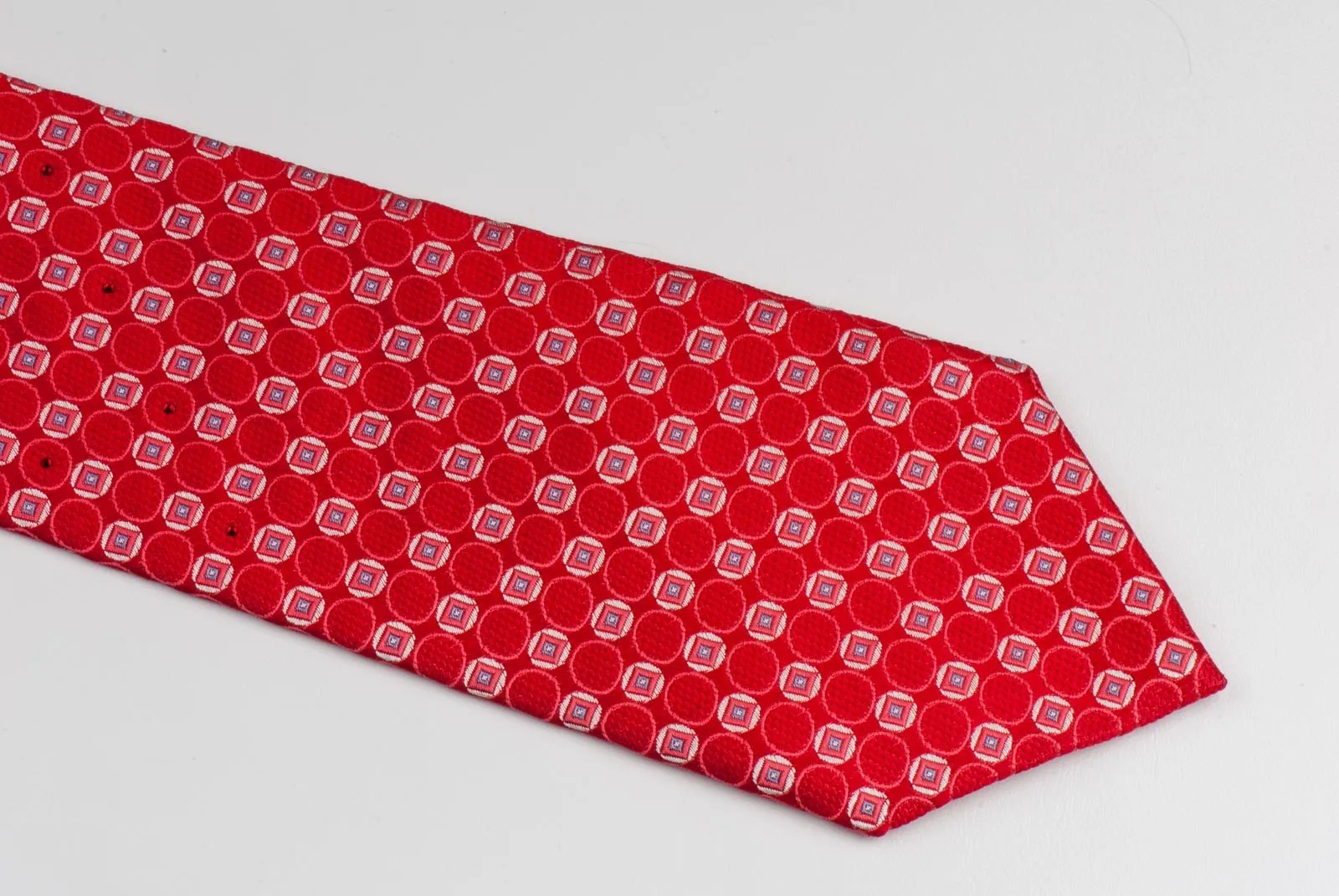 Silk Tie Geometric Dots On Red  With Rhinestones Classic 3 1/2 Inch