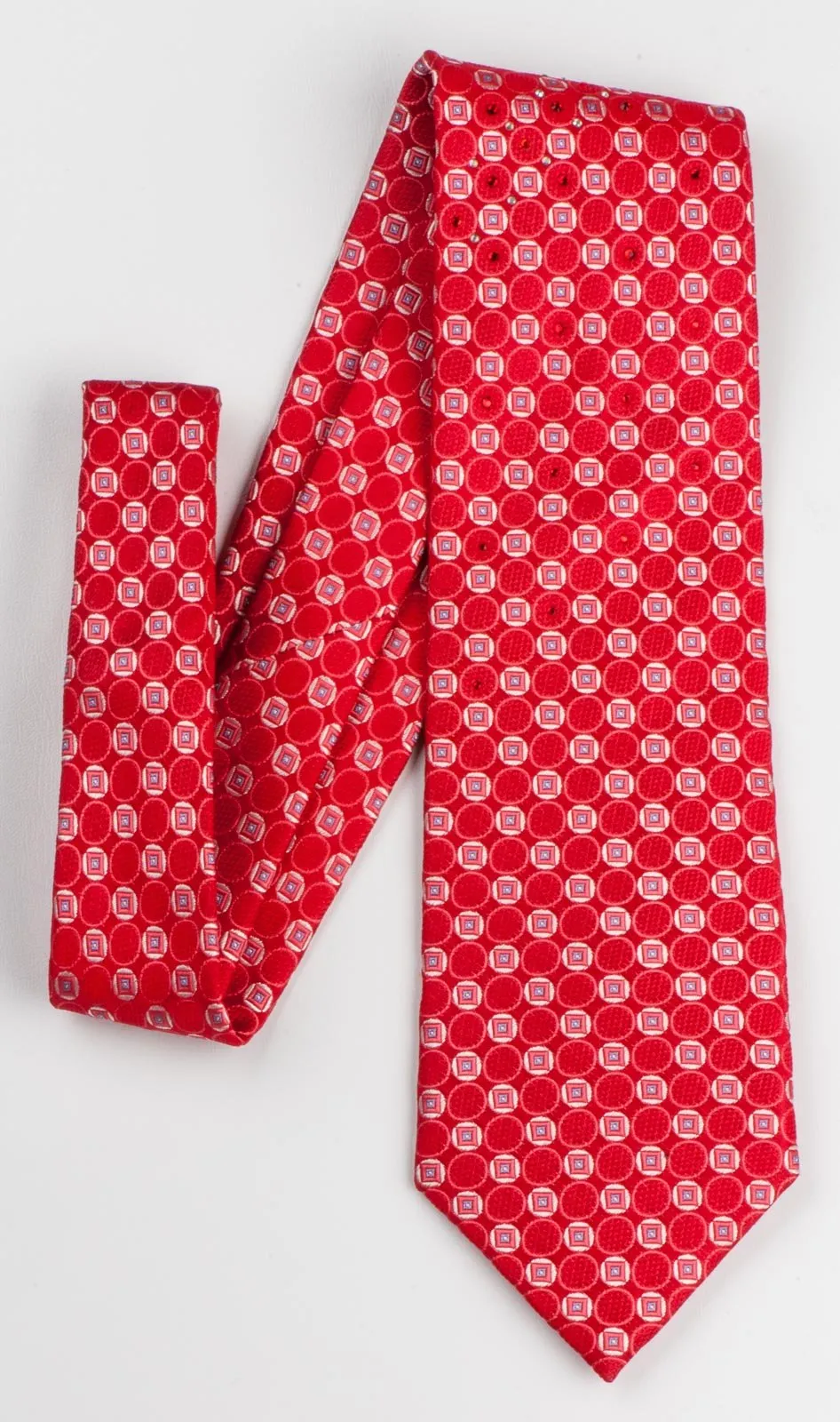 Silk Tie Geometric Dots On Red  With Rhinestones Classic 3 1/2 Inch