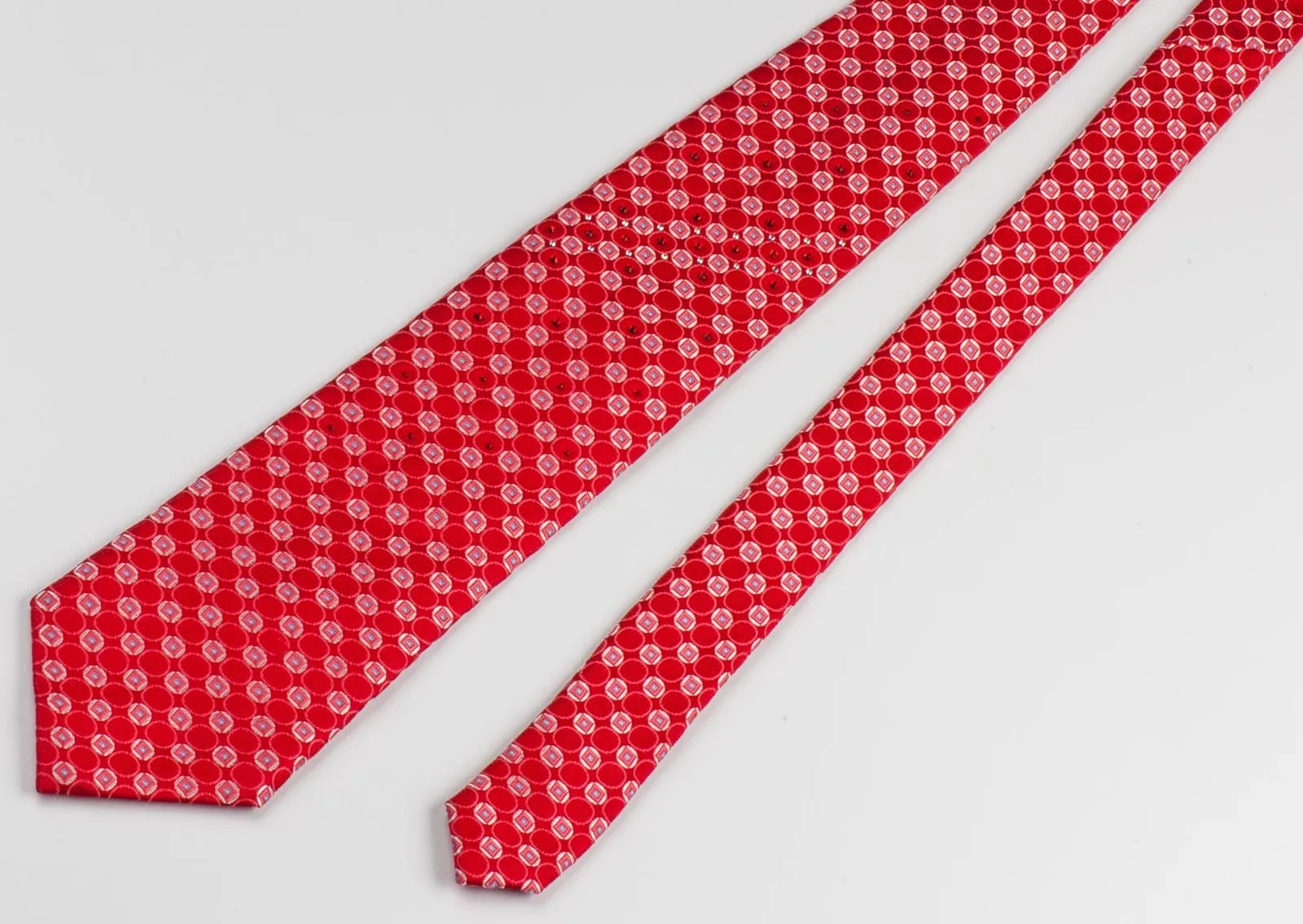 Silk Tie Geometric Dots On Red  With Rhinestones Classic 3 1/2 Inch