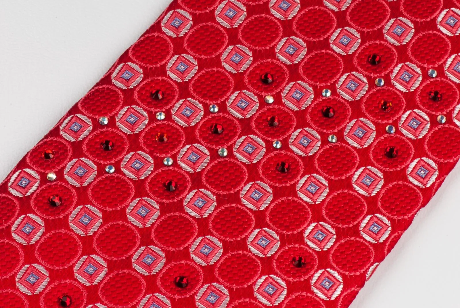 Silk Tie Geometric Dots On Red  With Rhinestones Classic 3 1/2 Inch