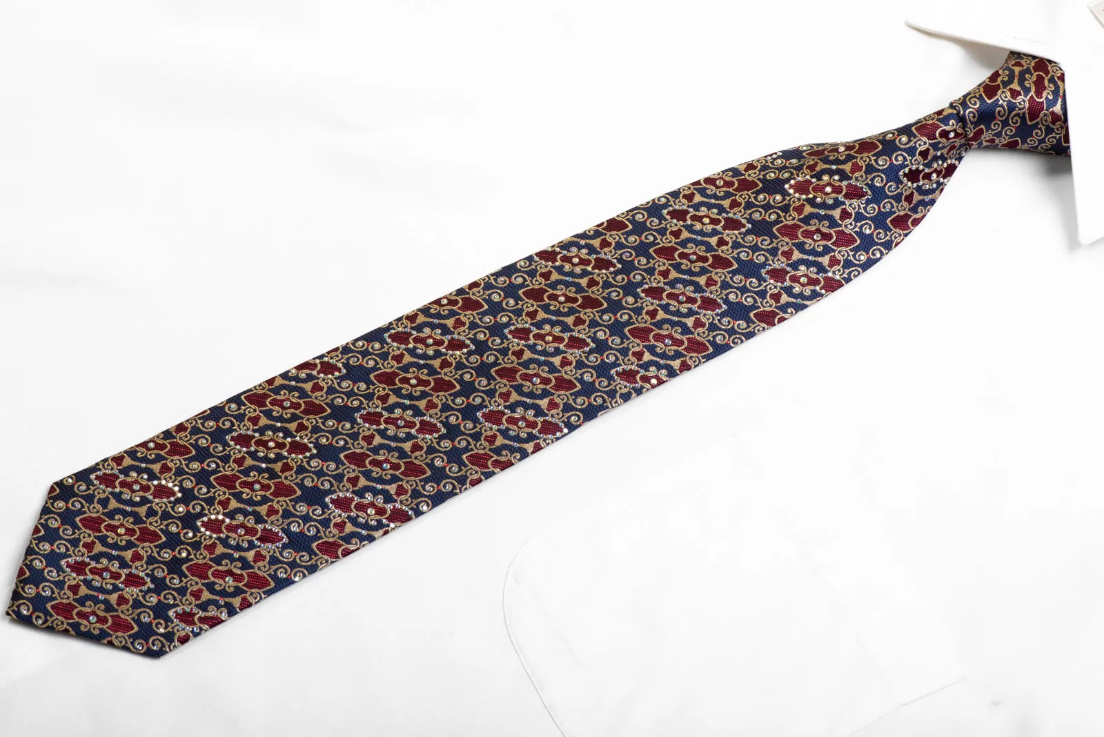Silk Tie Gold Interlocking Chain On Blue Burgundy With Rhinestones