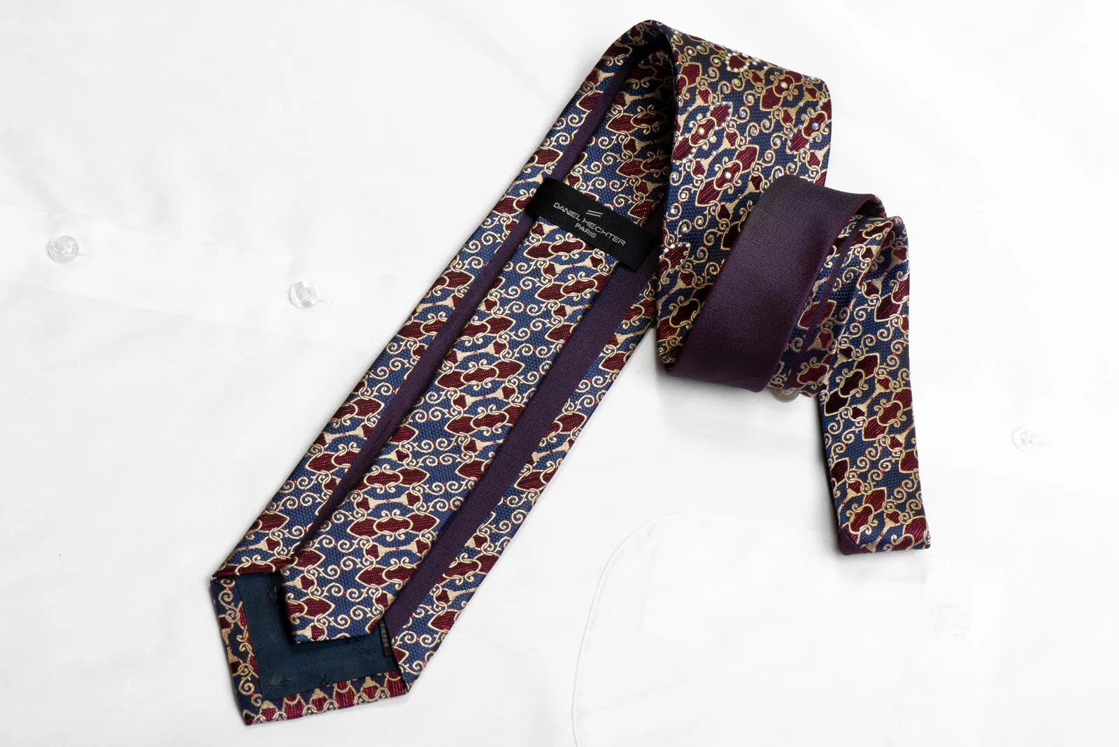 Silk Tie Gold Interlocking Chain On Blue Burgundy With Rhinestones
