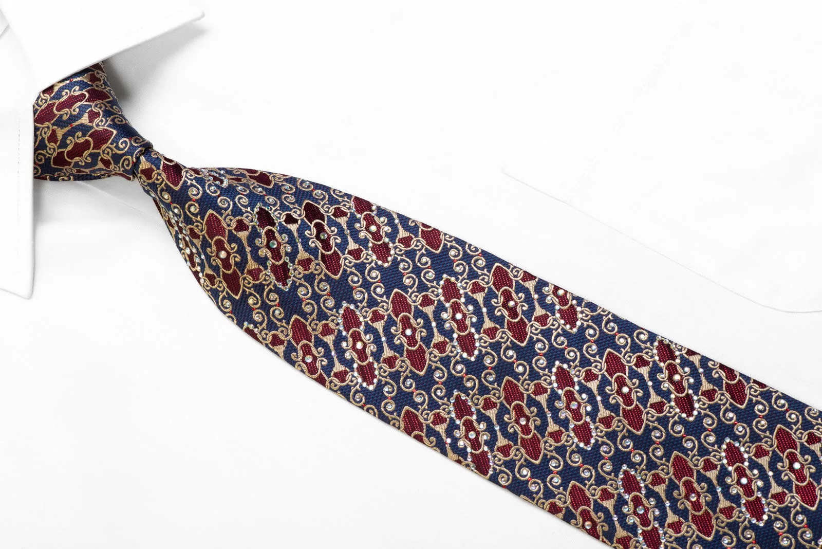 Silk Tie Gold Interlocking Chain On Blue Burgundy With Rhinestones
