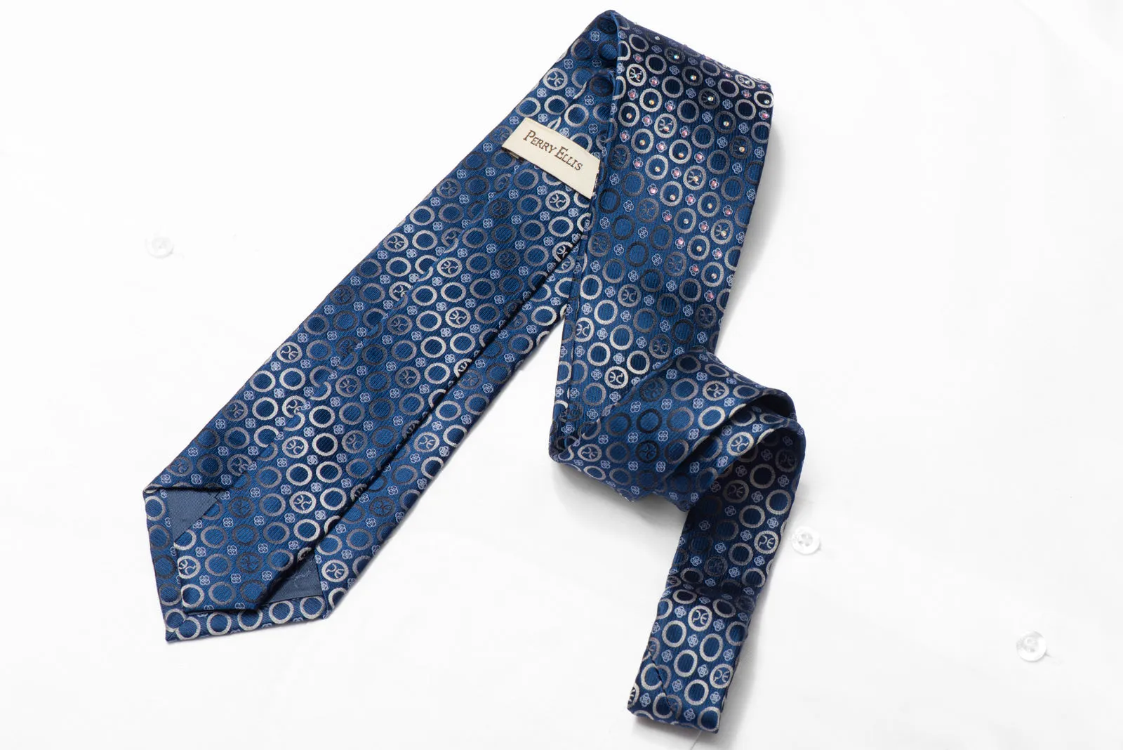 Silver Geometric Circles On Blue Rhinestone Silk Necktie