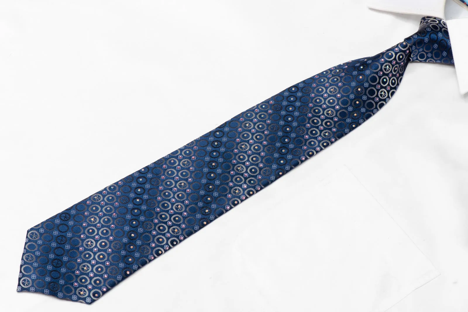 Silver Geometric Circles On Blue Rhinestone Silk Necktie