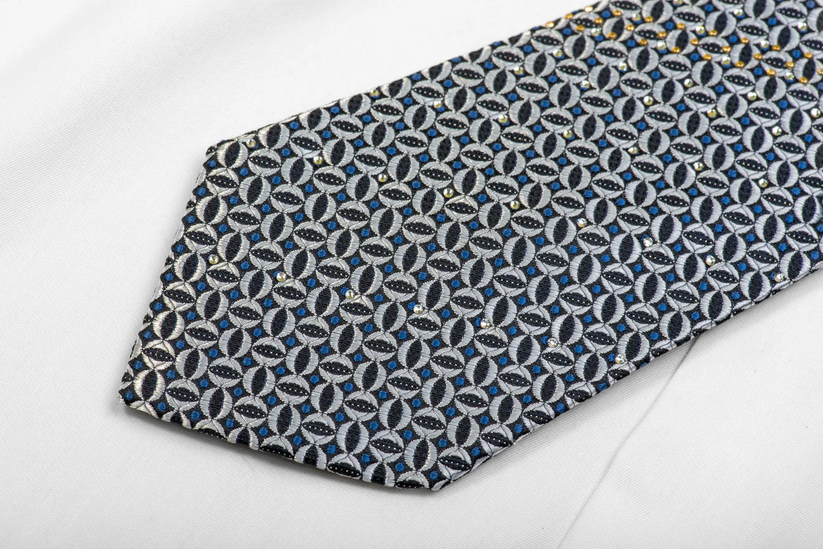 Silver Geometric On Black Rhinestone Silk Necktie With Sparkles