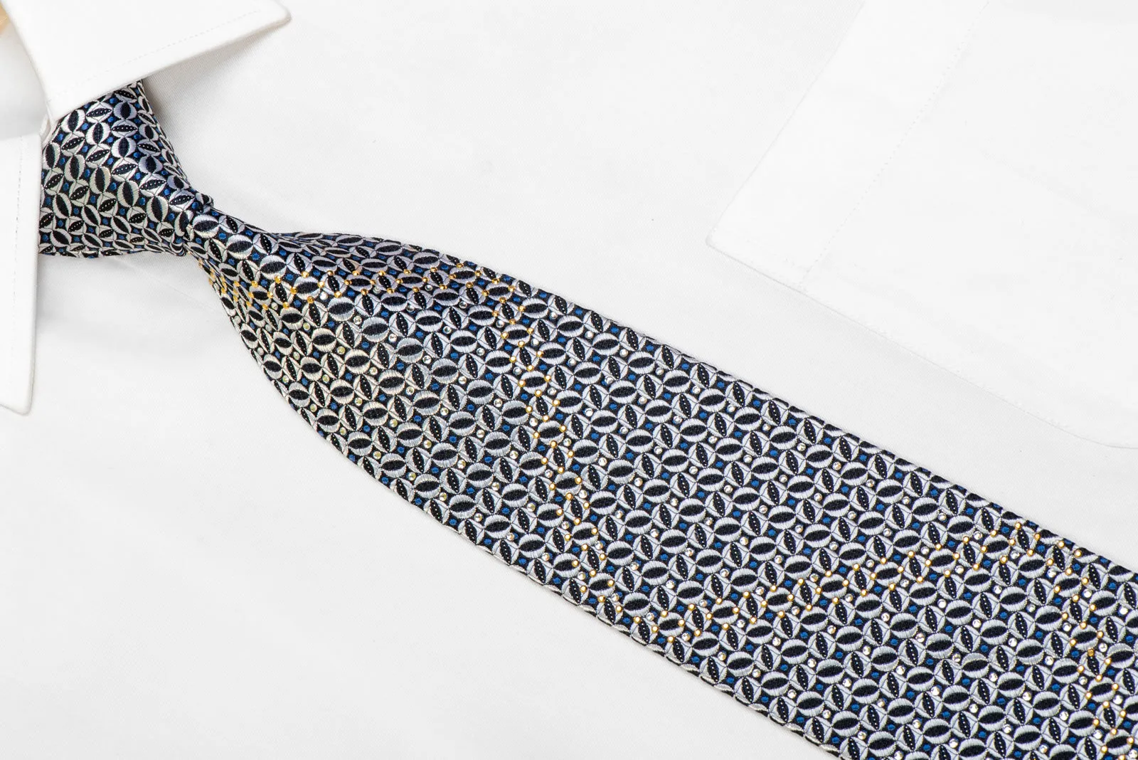 Silver Geometric On Black Rhinestone Silk Necktie With Sparkles