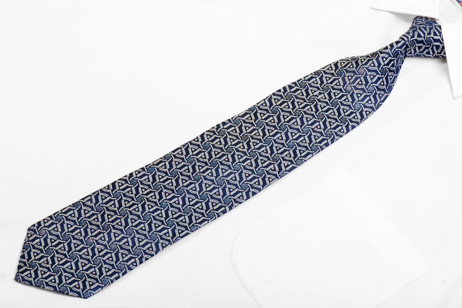 Silver Geometric On Blue Rhinestone Silk  Tie With Sparkles