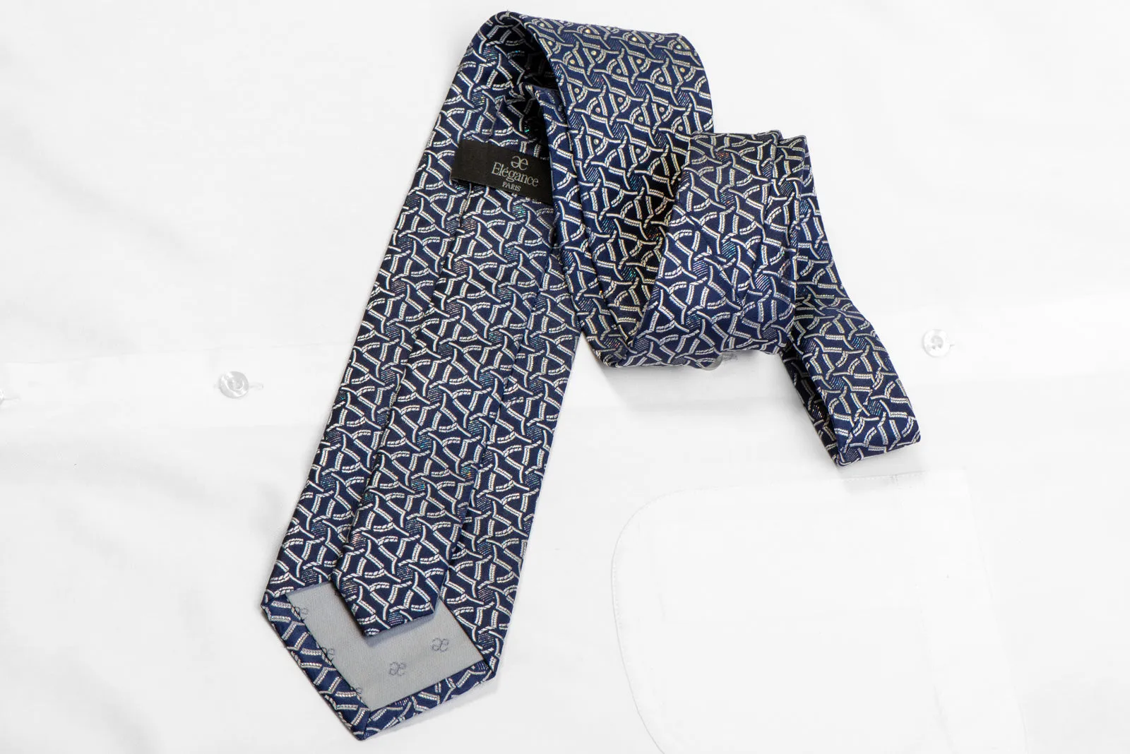Silver Geometric On Blue Rhinestone Silk  Tie With Sparkles