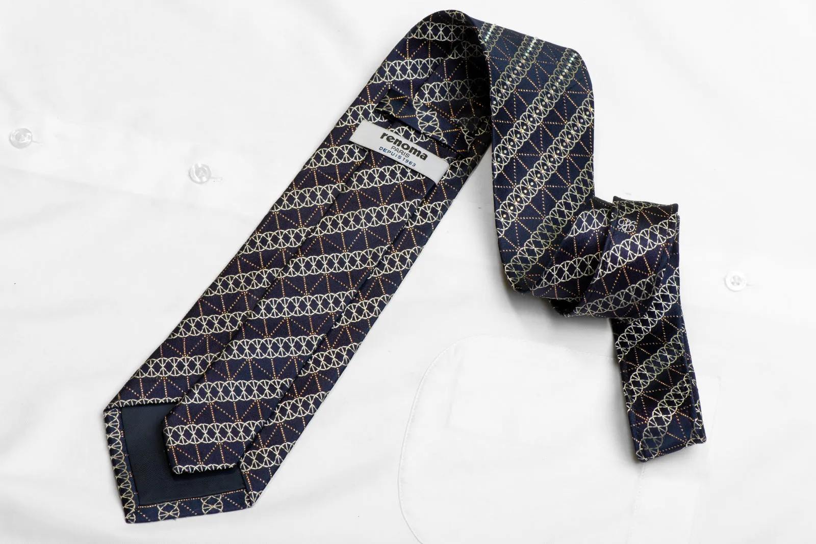 Silver Geometric On Navy Rhinestone Silk Necktie With Silver Sparkles