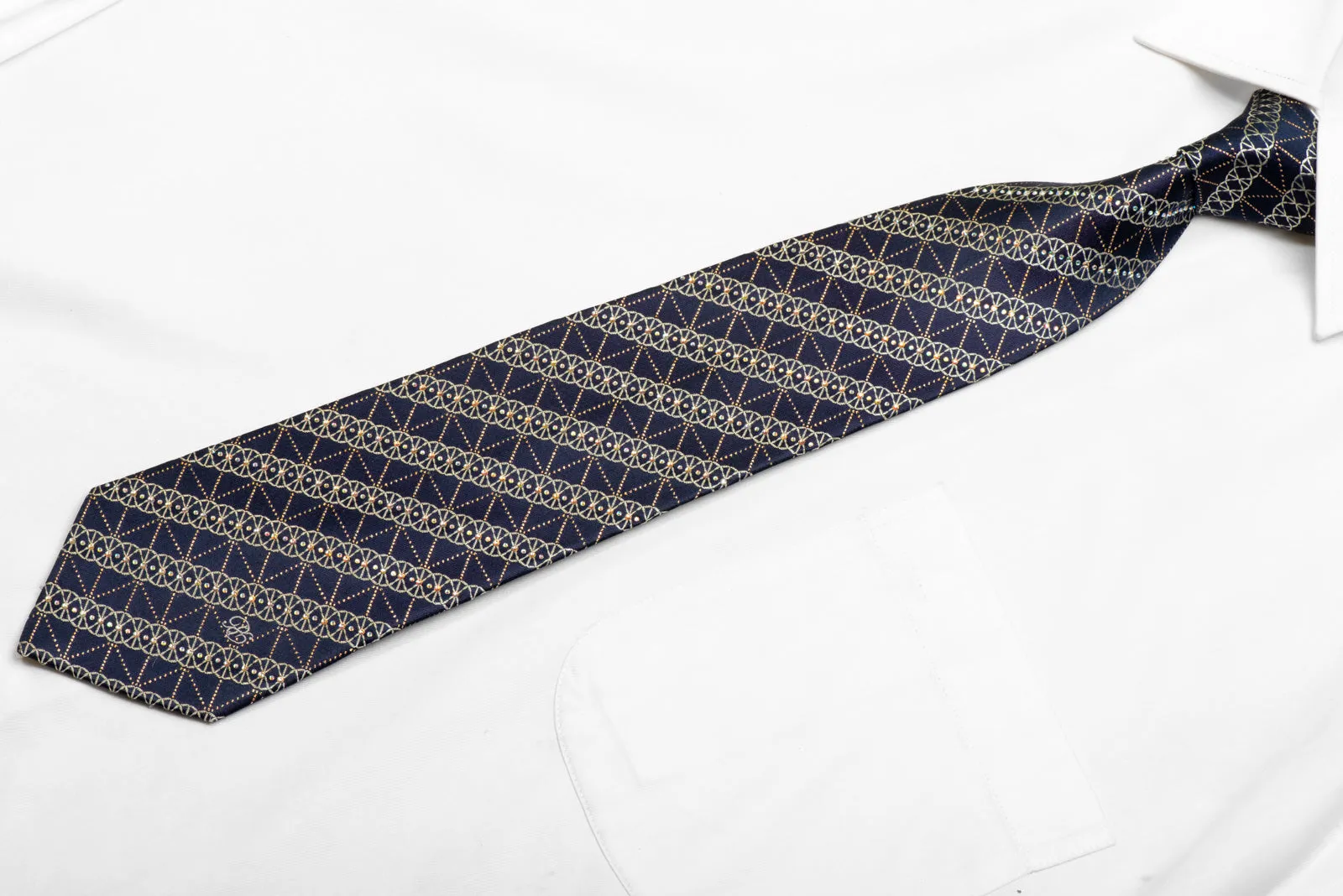 Silver Geometric On Navy Rhinestone Silk Necktie With Silver Sparkles