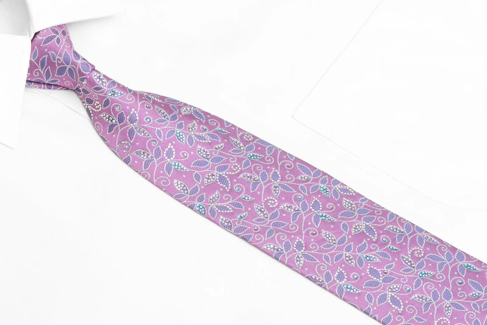 Silver Mauve Floral On Pink Rhinestone Silk Necktie With Silver Sparkles