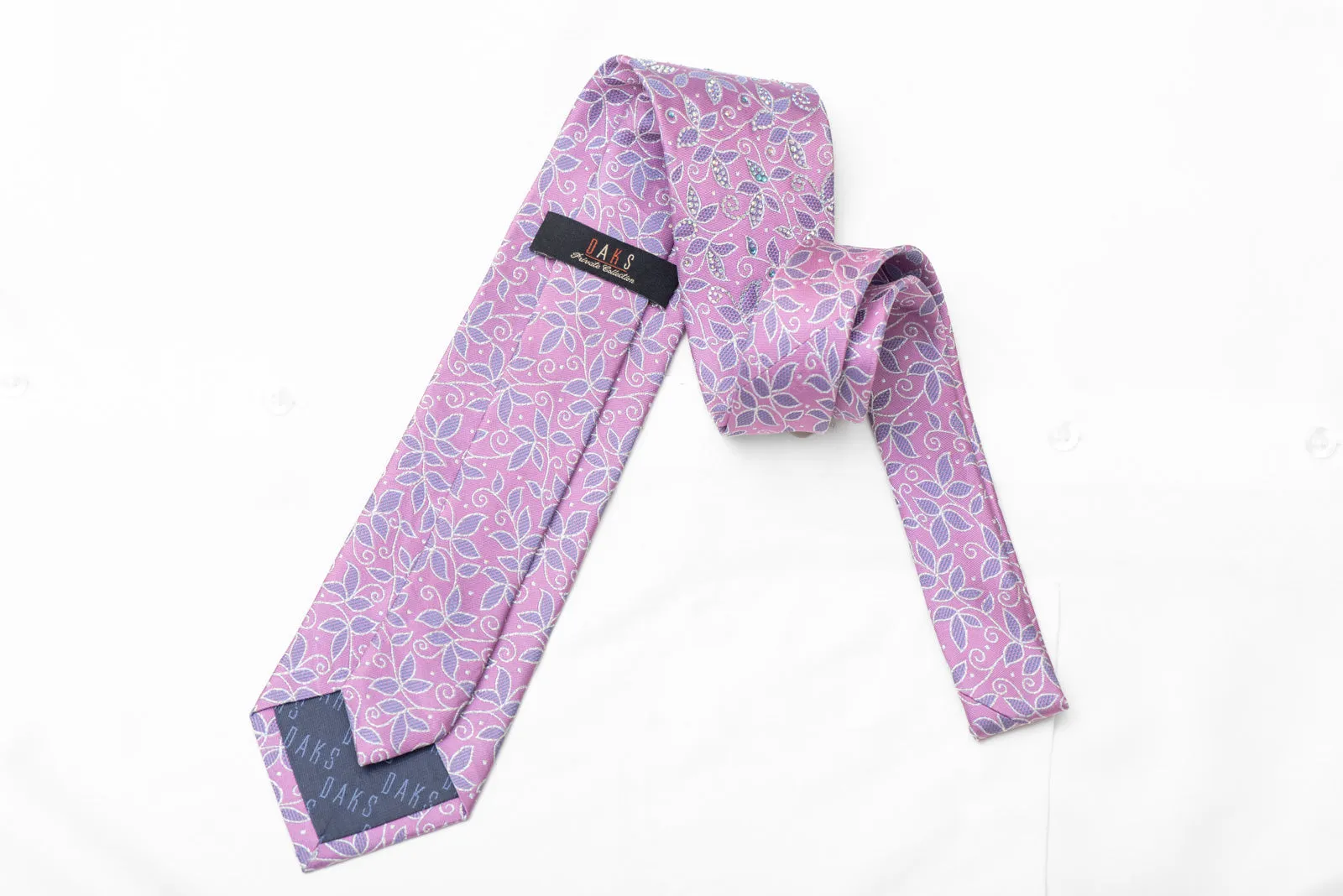 Silver Mauve Floral On Pink Rhinestone Silk Necktie With Silver Sparkles